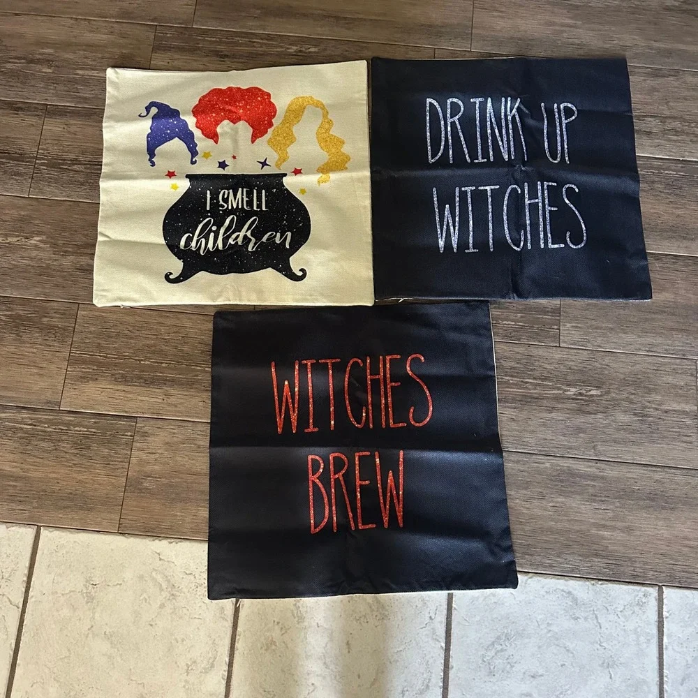Hocus Pocus Halloween Pillow Covers Set of 3 Witches Brew I Smell Children Black